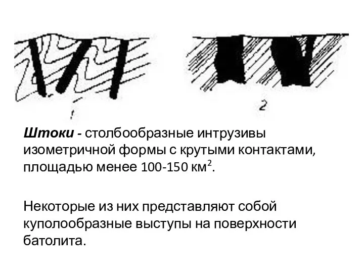 Штоки - столбообразные интрузивы изометричной формы с крутыми контактами, площадью менее