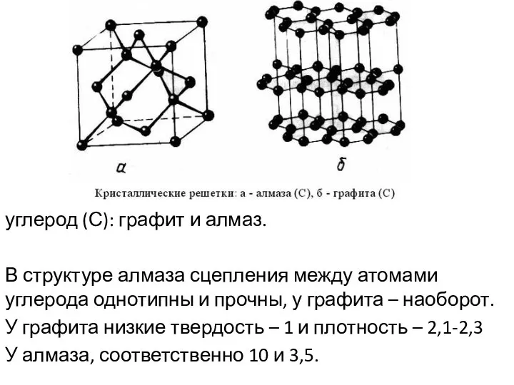 углерод (С): графит и алмаз. В структуре алмаза сцепления между атомами