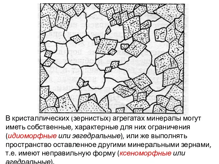 В кристаллических (зернистых) агрегатах минералы могут иметь собственные, характерные для них