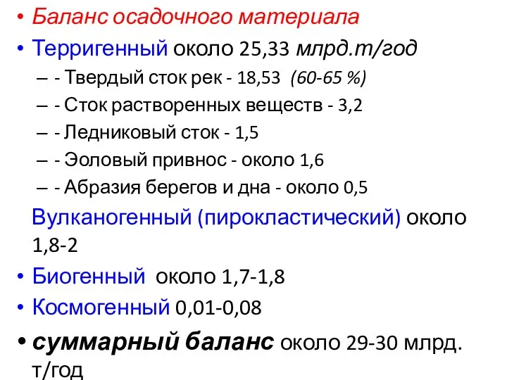 Баланс осадочного материала Терригенный около 25,33 млрд.т/год - Твердый сток рек