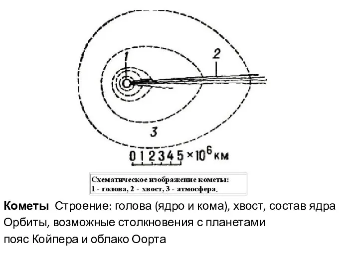 Кометы Строение: голова (ядро и кома), хвост, состав ядра Орбиты, возможные