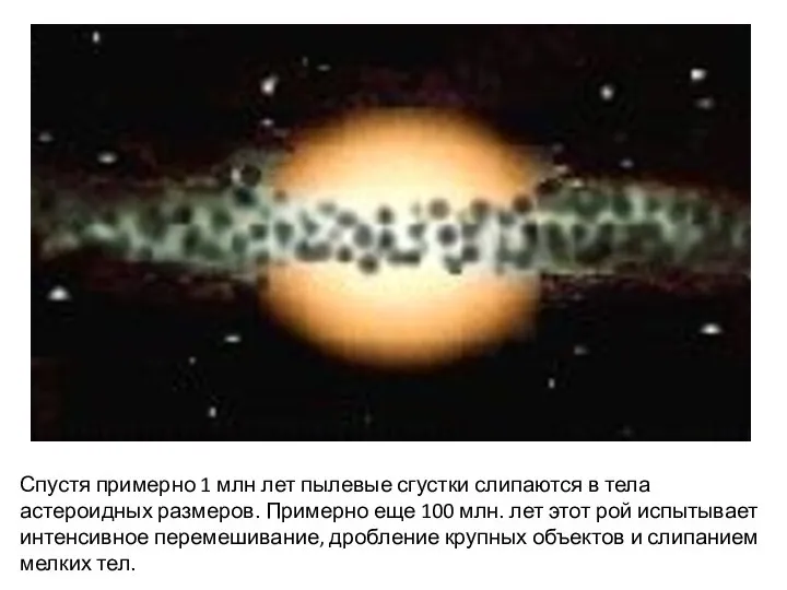 Спустя примерно 1 млн лет пылевые сгустки слипаются в тела астероидных