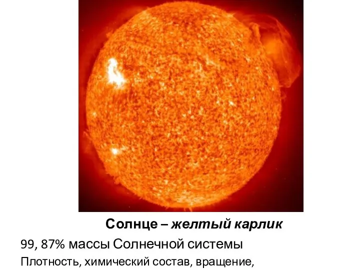 Солнце – желтый карлик 99, 87% массы Солнечной системы Плотность, химический состав, вращение, температура