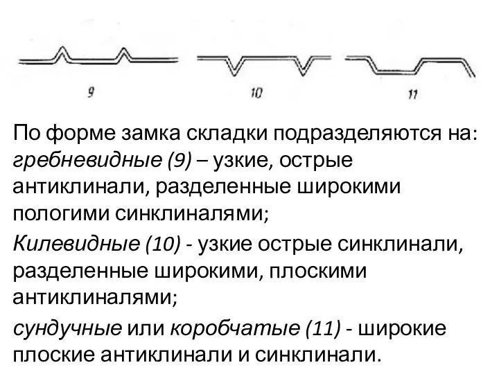 По форме замка складки подразделяются на: гребневидные (9) – узкие, острые