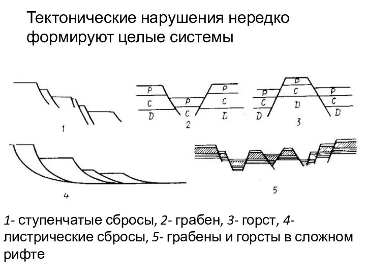 1- ступенчатые сбросы, 2- грабен, 3- горст, 4- листрические сбросы, 5-