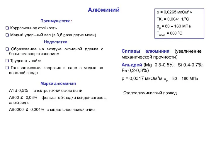 Алюминий ρ = 0,0265 мкОм*м ТКρ = 0,0041 1/0С σр =