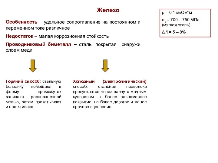 Железо ρ = 0,1 мкОм*м σр = 700 – 750 МПа