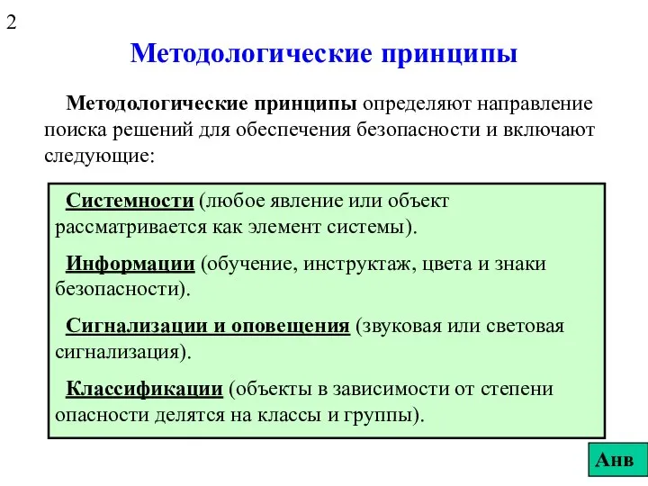 Методологические принципы Методологические принципы определяют направление поиска решений для обеспечения безопасности