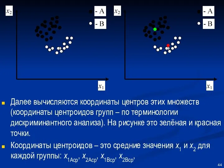 Далее вычисляются координаты центров этих множеств (координаты центроидов групп – по