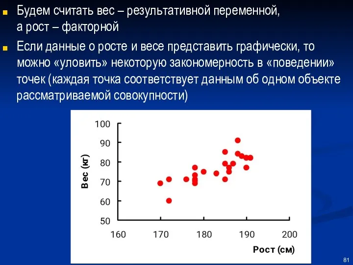 Будем считать вес – результативной переменной, а рост – факторной Если