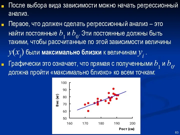 После выбора вида зависимости можно начать регрессионный анализ. Первое, что должен