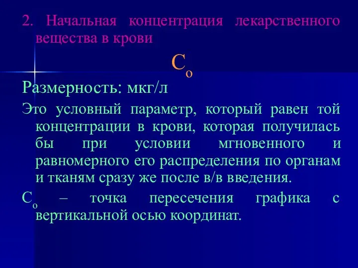 2. Начальная концентрация лекарственного вещества в крови Со Размерность: мкг/л Это