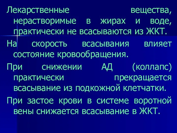 Лекарственные вещества, нерастворимые в жирах и воде, практически не всасываются из