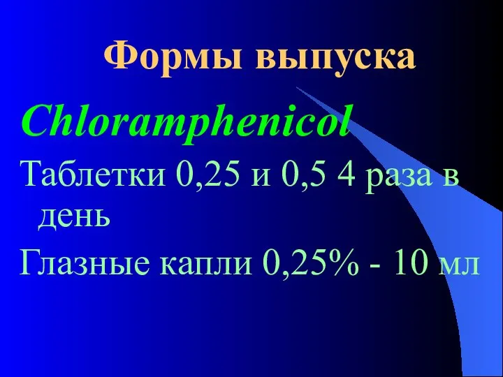Формы выпуска Chloramphenicol Таблетки 0,25 и 0,5 4 раза в день