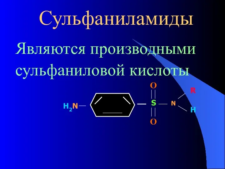 Сульфаниламиды Являются производными сульфаниловой кислоты S O O H2N N R H