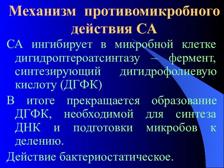 Механизм противомикробного действия СА СА ингибирует в микробной клетке дигидроптероатсинтазу –