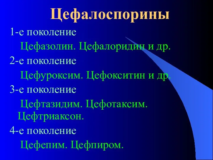 Цефалоспорины 1-е поколение Цефазолин. Цефалоридин и др. 2-е поколение Цефуроксим. Цефокситин