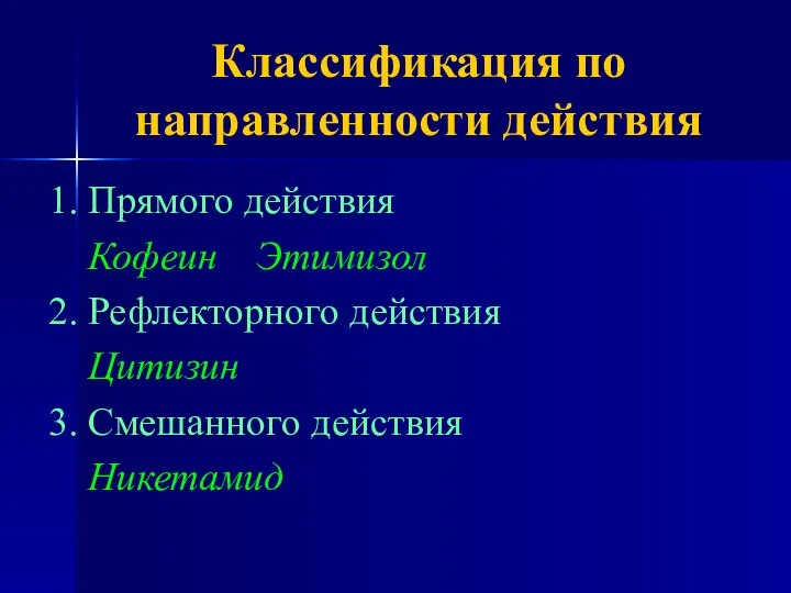 Классификация по направленности действия 1. Прямого действия Кофеин Этимизол 2. Рефлекторного