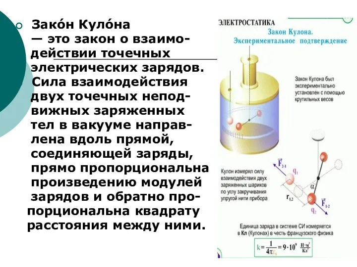 Зако́н Куло́на — это закон о взаимо- действии точечных электрических зарядов.