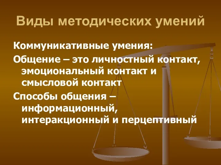 Виды методических умений Коммуникативные умения: Общение – это личностный контакт, эмоциональный