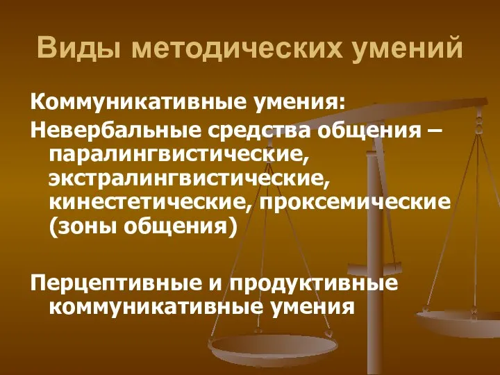 Виды методических умений Коммуникативные умения: Невербальные средства общения – паралингвистические, экстралингвистические,