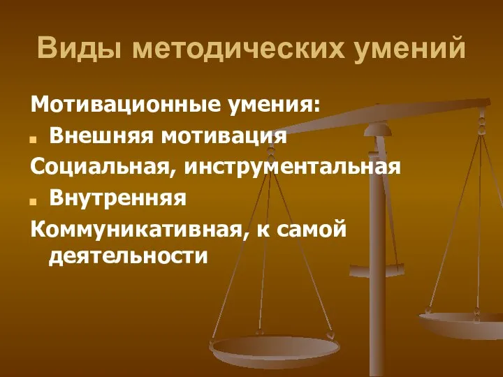 Виды методических умений Мотивационные умения: Внешняя мотивация Социальная, инструментальная Внутренняя Коммуникативная, к самой деятельности