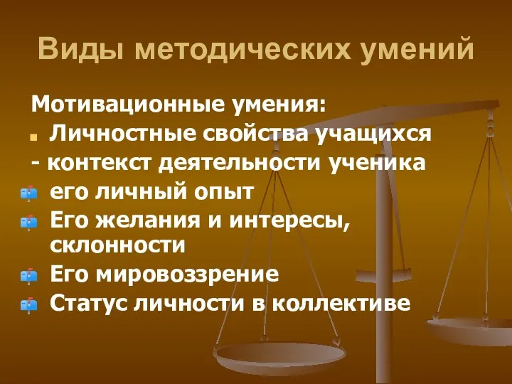 Виды методических умений Мотивационные умения: Личностные свойства учащихся - контекст деятельности