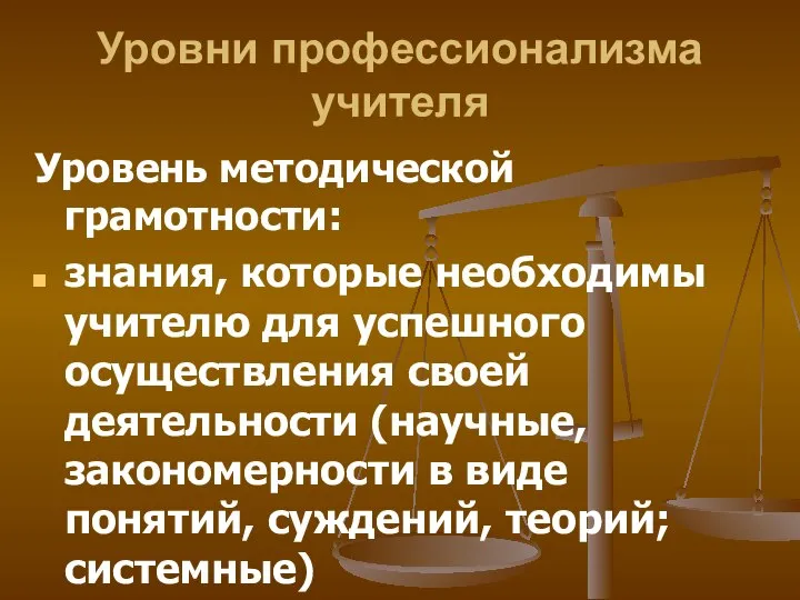 Уровни профессионализма учителя Уровень методической грамотности: знания, которые необходимы учителю для