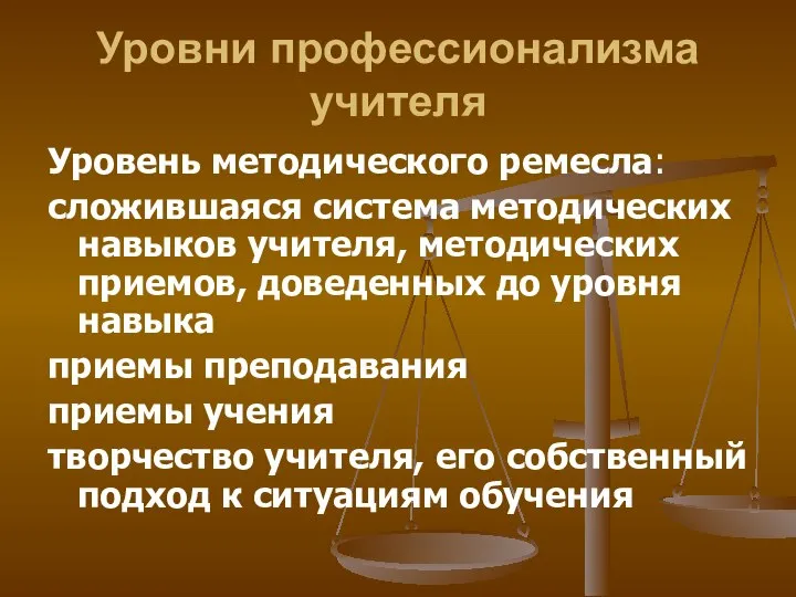 Уровни профессионализма учителя Уровень методического ремесла: сложившаяся система методических навыков учителя,