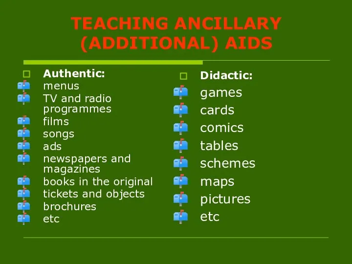 TEACHING ANCILLARY (ADDITIONAL) AIDS Authentic: menus TV and radio programmes films