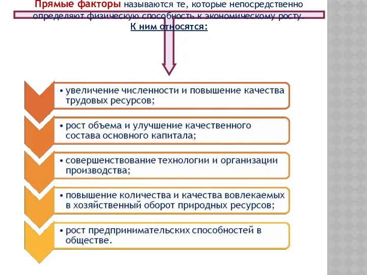 Прямые факторы называются те, которые непосредственно определяют физическую способность к экономическому росту. К ним относятся: