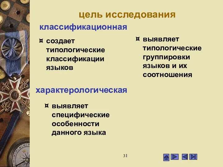 цель исследования классификационная создает типологические классификации языков характерологическая выявляет специфические особенности