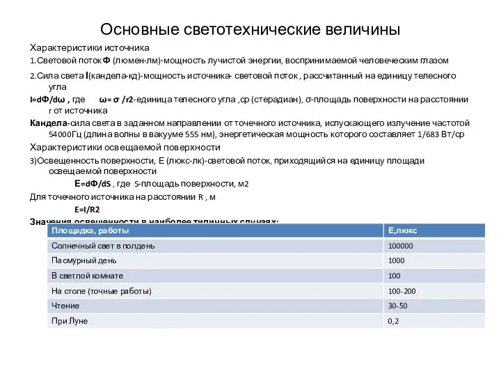 Основные светотехнические величины Характеристики источника 1.Световой поток Ф (люмен-лм)-мощность лучистой энергии,