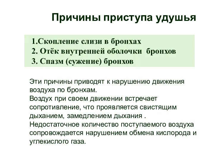 Причины приступа удушья 1.Скопление слизи в бронхах 2. Отёк внутренней оболочки