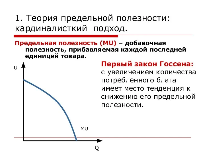 1. Теория предельной полезности: кардиналисткий подход. Предельная полезность (MU) – добавочная