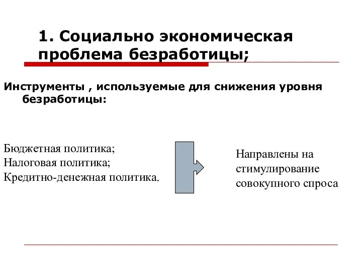 1. Социально экономическая проблема безработицы; Инструменты , используемые для снижения уровня