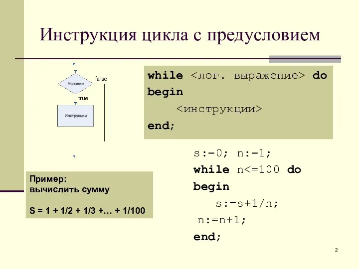 Инструкция цикла с предусловием while do begin end; s:=0; n:=1; while