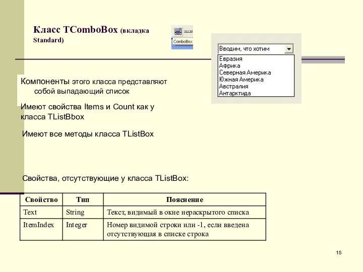 Класс TComboBox (вкладка Standard) Компоненты этого класса представляют собой выпадающий список