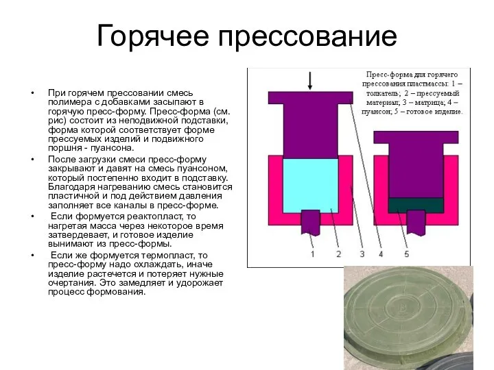 Горячее прессование При горячем прессовании смесь полимера с добавками засыпают в