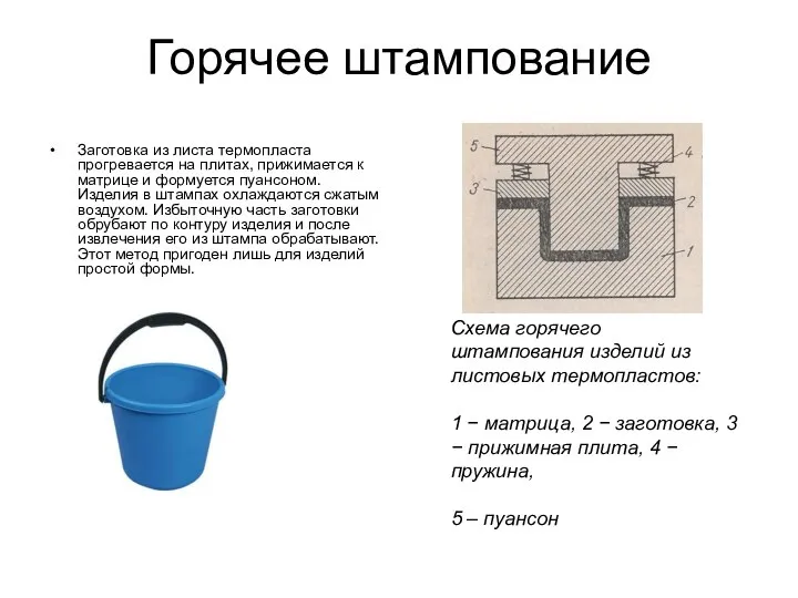 Горячее штампование Заготовка из листа термопласта прогревается на плитах, прижимается к