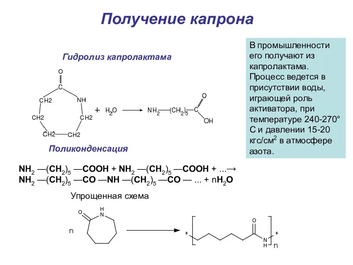 Получение капрона NH2 —(CH2)5 —COOH + NH2 —(CH2)5 —COOH + ...→