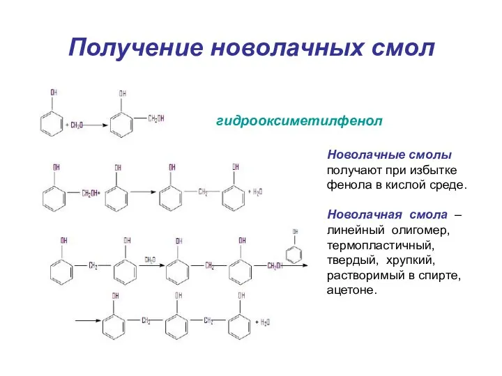 Получение новолачных смол гидрооксиметилфенол Новолачные смолы получают при избытке фенола в