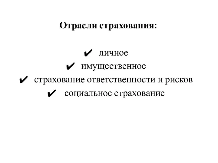 Отрасли страхования: личное имущественное страхование ответственности и рисков социальное страхование