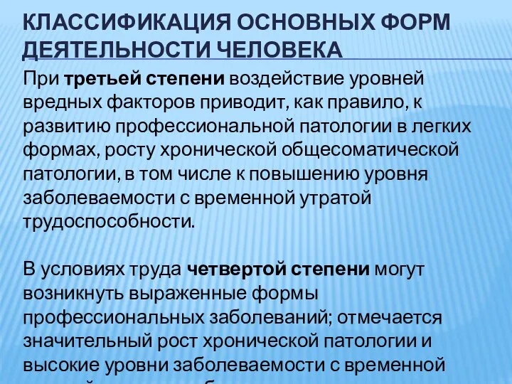 КЛАССИФИКАЦИЯ ОСНОВНЫХ ФОРМ ДЕЯТЕЛЬНОСТИ ЧЕЛОВЕКА При третьей степени воздействие уровней вредных