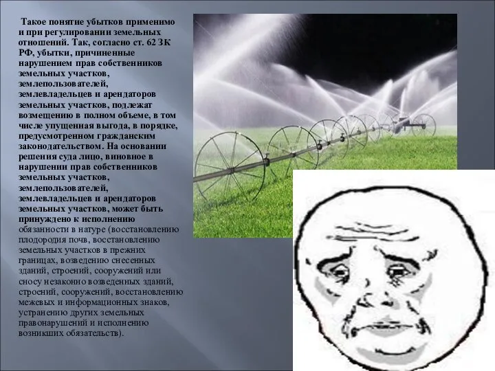 Такое понятие убытков применимо и при регулировании земельных отношений. Так, согласно