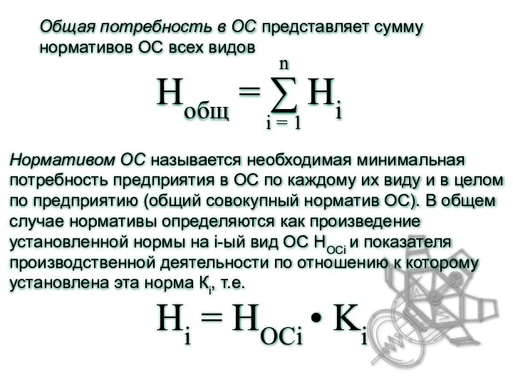 Hi = HОСi • Ki Нормативом ОС называется необходимая минимальная потребность