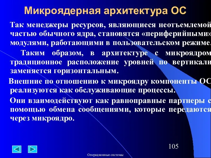 Микроядерная архитектура ОС Так менеджеры ресурсов, являющиеся неотъемлемой частью обычного ядра,