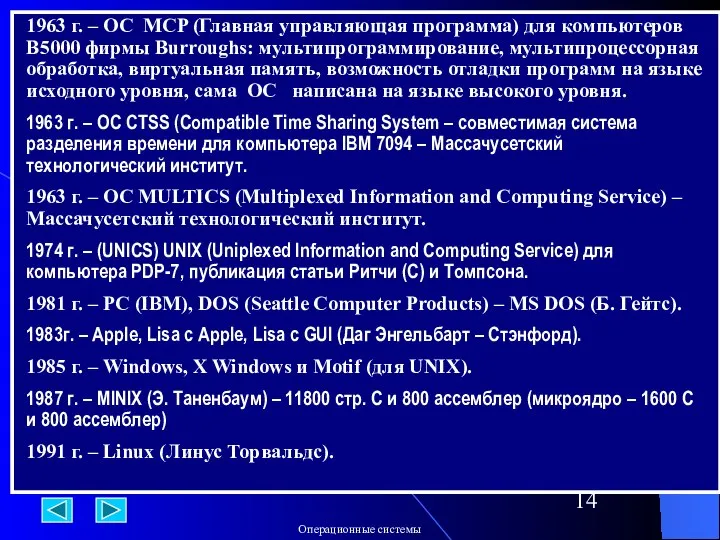 1963 г. – ОС MCP (Главная управляющая программа) для компьютеров B5000