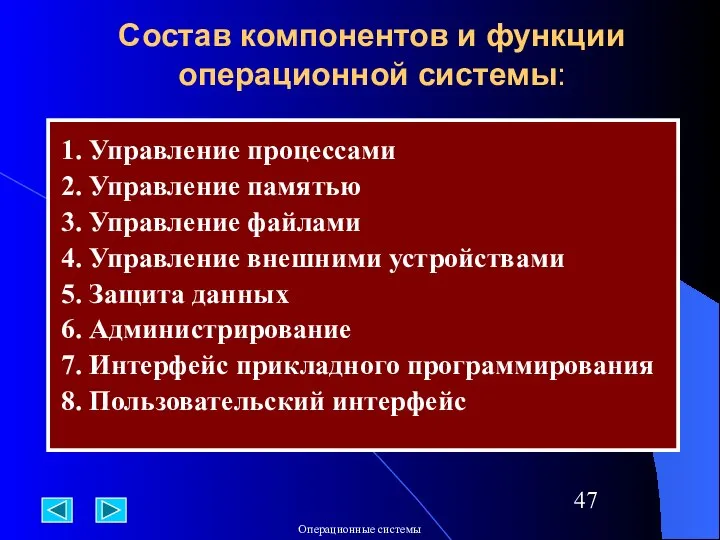 Состав компонентов и функции операционной системы: 1. Управление процессами 2. Управление