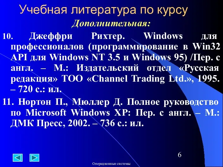 Учебная литература по курсу Дополнительная: 10. Джеффри Рихтер. Windows для профессионалов